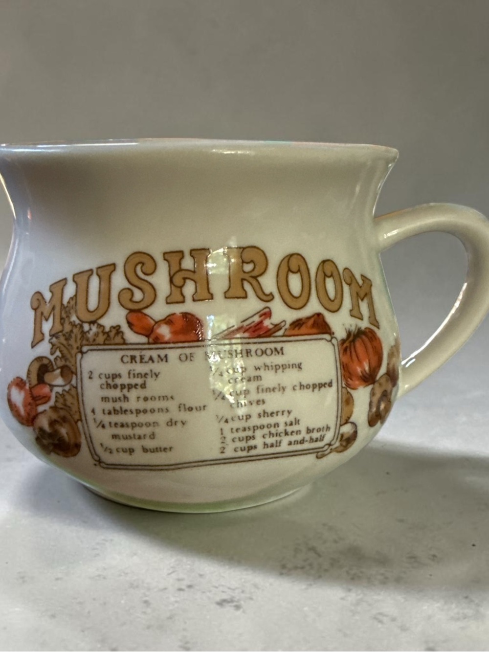Vintage Mushroom Recipe Ceramic Mug- White and Brown